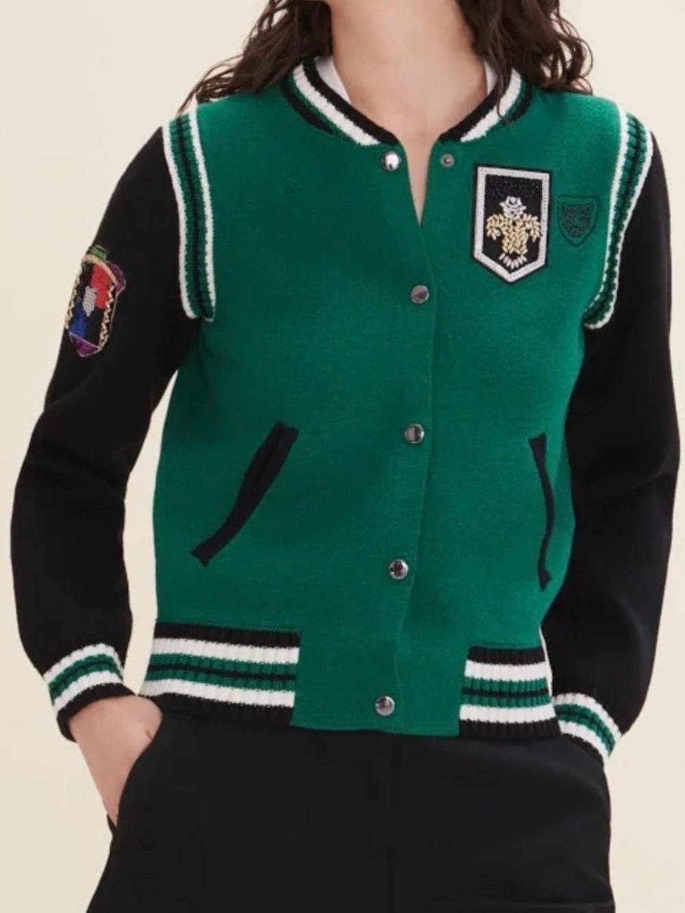 NWT Maje Women wool embellished Varsity Jacket Sz Lg
